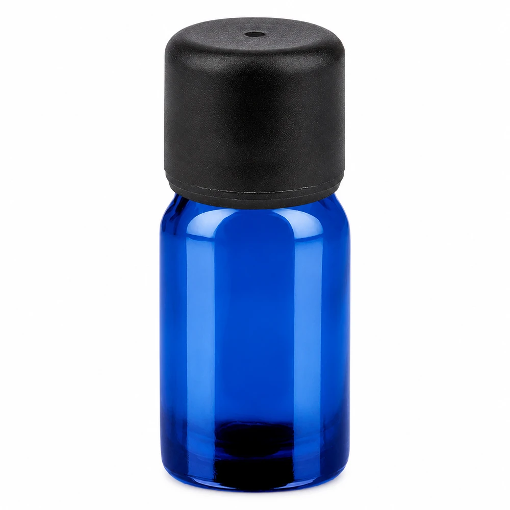 Frasco de 5 ml con tapón de rosca de 6 mm negro estándar BlueLine UT18/5 Frasco de cristal azul de 5 ml con tapón negro para aceites esenciales y aromaterapia