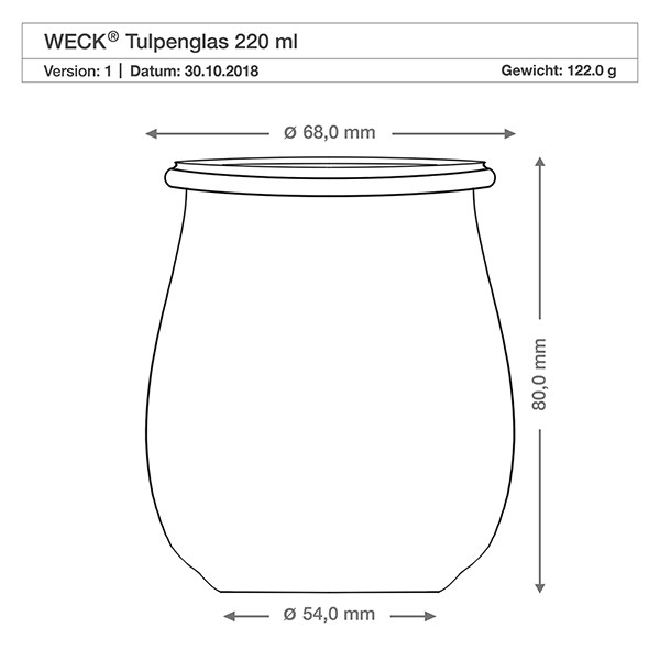 Dibujo técnico WECK tarro tulipán 220ml con dimensiones 68mm de diámetro, 80mm de altura y 122g de peso