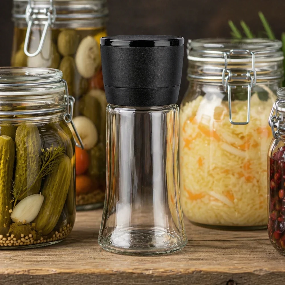 Frasco para sal y especias de 95 ml con molinillo Vario negro Frasco compacto para especias de 95 ml con molinillo Vario negro entre verduras en conserva en tarros Weck