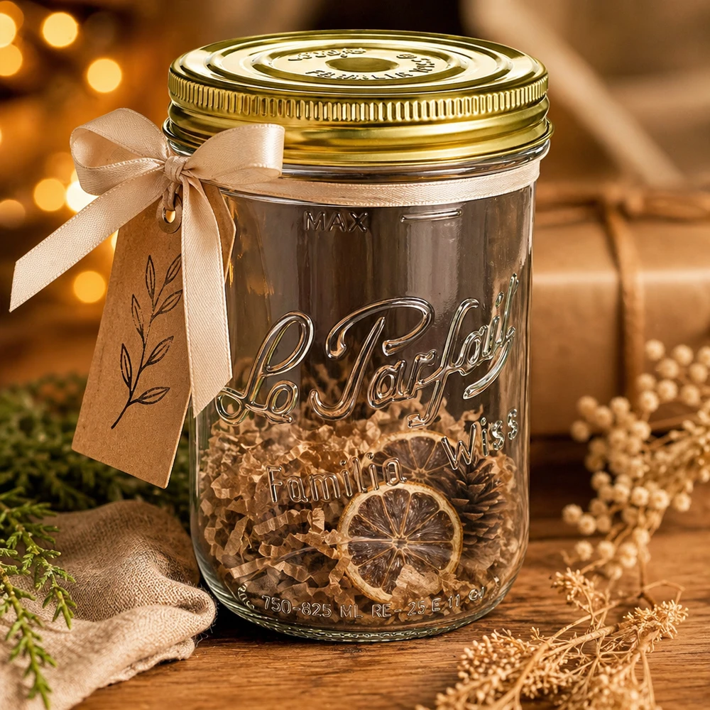 Vasos Familia Wiss de 1020 ml con tapa dorada y lazo beige rellenos de rodajas de cítricos secos sobre tapa de madera.