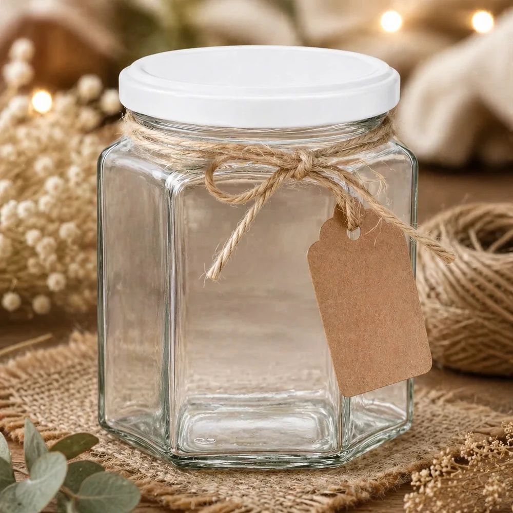 Tarro para miel de 400 g con tapa blanca BasicSeal UNiTWIST Tarro de miel de 400 g hexagonal vacío con etiqueta de papel kraft y cuerda de yute como envase de regalo sobre una mesa natural