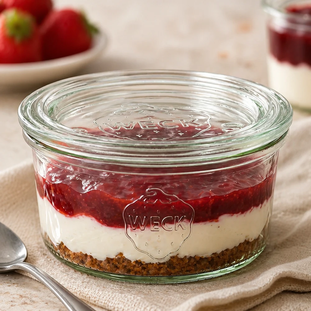 Los vasos RR80 de 165 ml de WECK rellenos de postre en capas muestran su versatilidad para postres y porciones