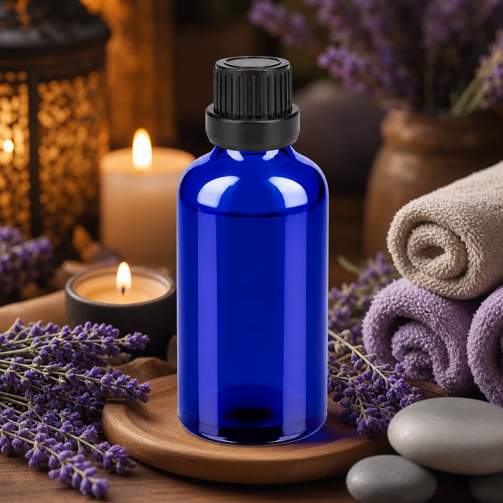 Frasco de vidrio azul cobalto de 50 ml de alta calidad con tapón antigoteo negro para aromaterapia