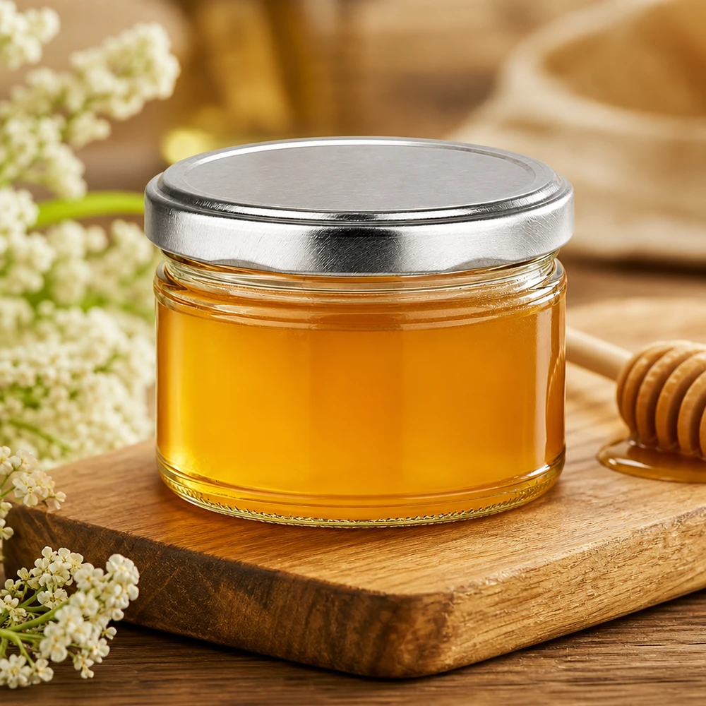 Tarro de conserva de 540 ml lleno de miel sobre tabla de madera, tapa plateada mate, decorado con flores y cuchara de miel