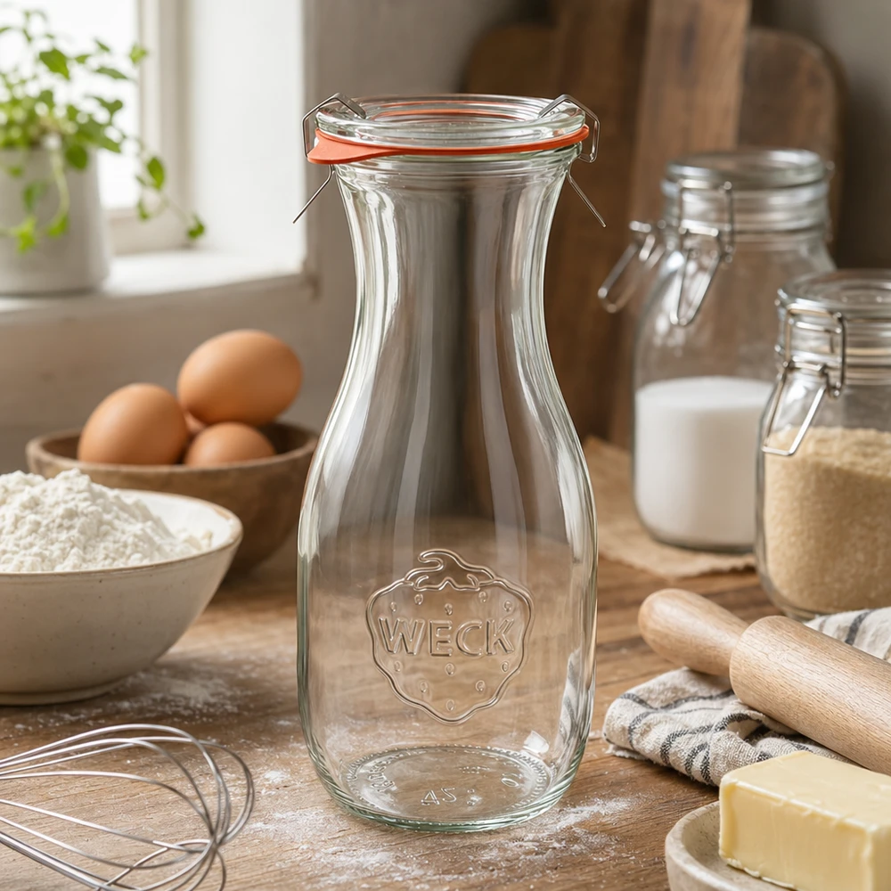 Botella de zumo WECK 530ml RR60 en ambiente de cocina con ingredientes de repostería huevos harina y mantequilla sobre encimera de madera