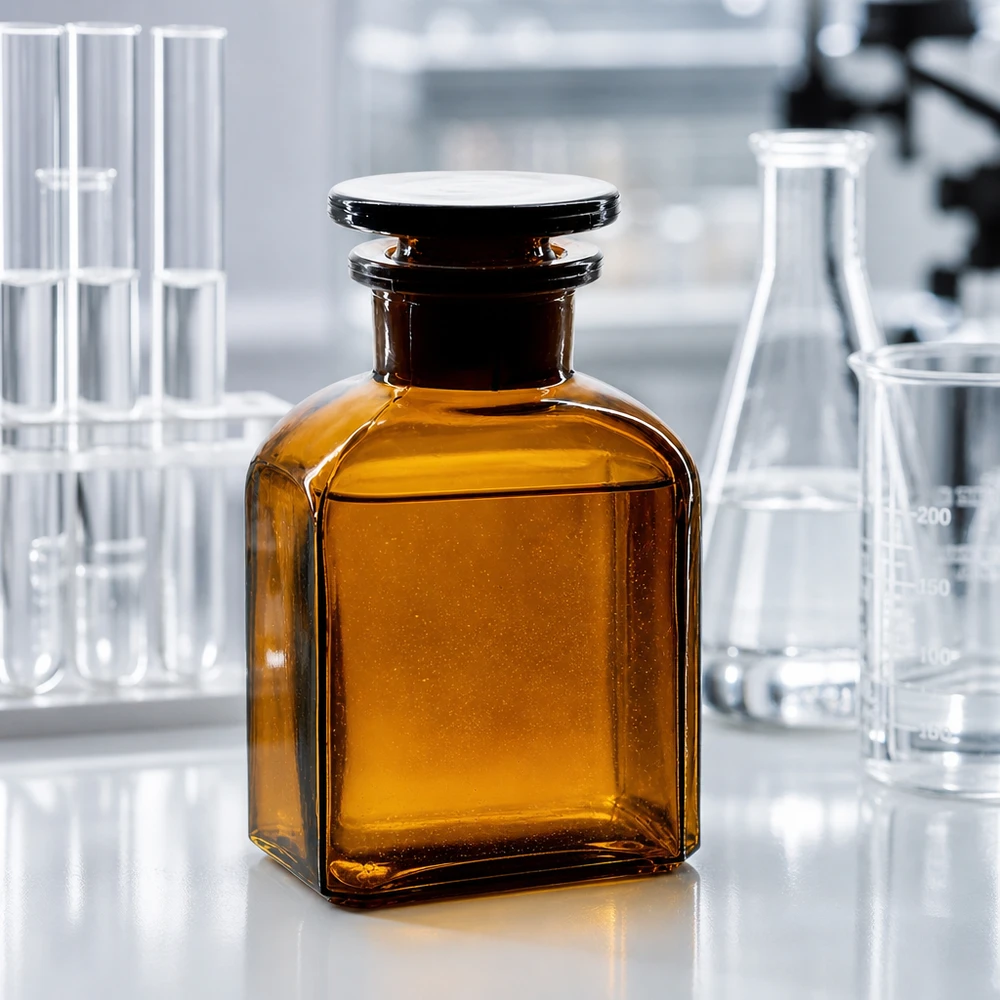 Frasco cuadrado de vidrio ámbar de 150 ml, de cuello ancho y con tapón de vidrio, a medio camino entre los matraces Erlenmeyer y los tubos de ensayo