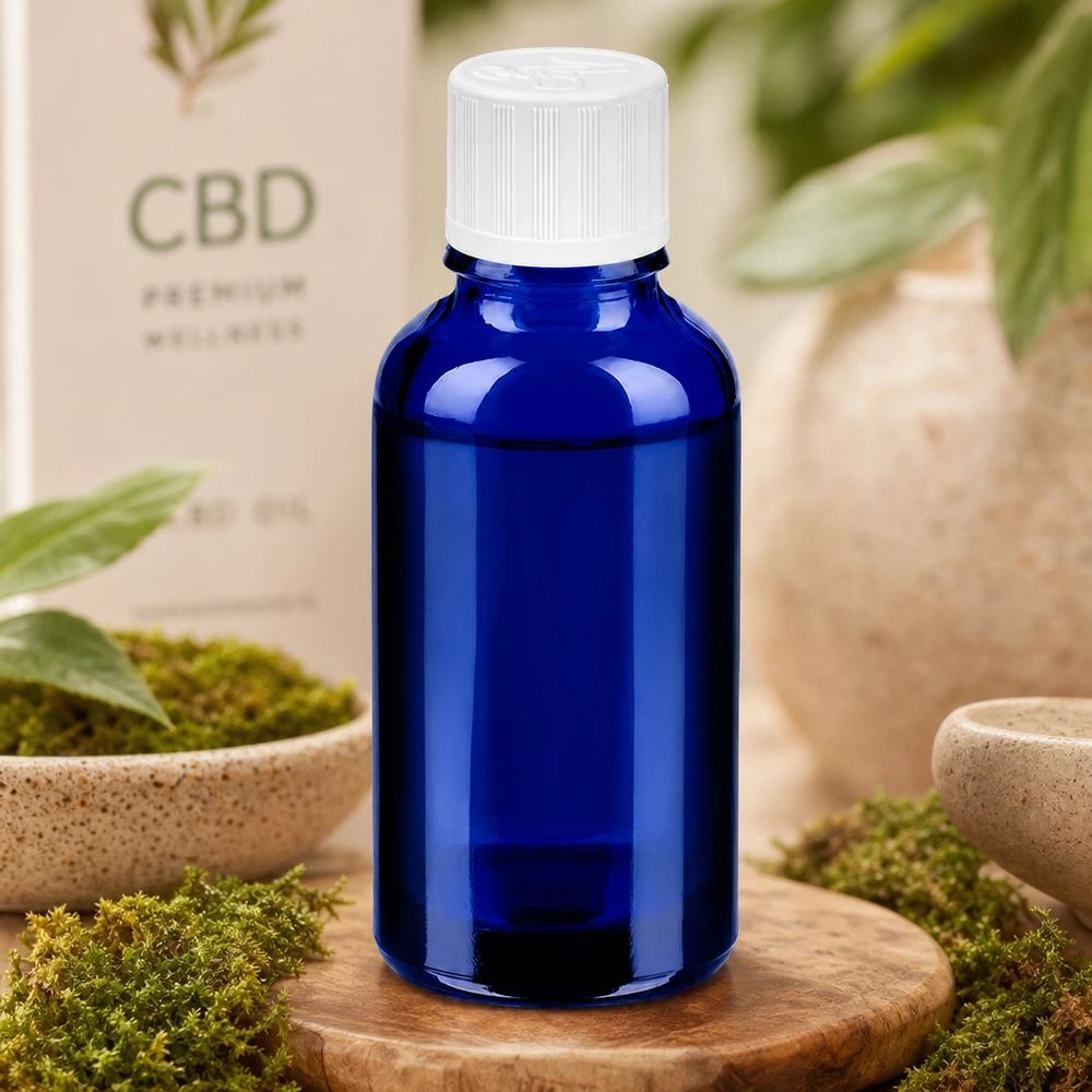 Botella de vidrio BlueLine de 30 ml con tapón de rosca blanco para el envasado profesional de productos