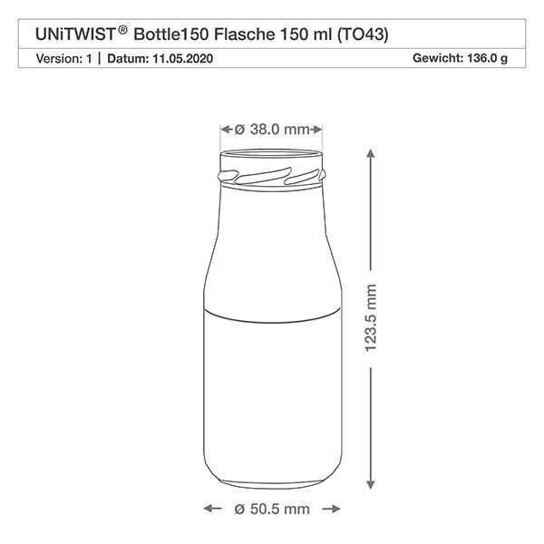 Frasco de 150ml sin tapa (TO43) UNiTWIST UNiTWIST Bottle150 botella de vidrio 150ml TO43 con dimensiones 38mm diámetro 123,5mm altura dibujo técnico