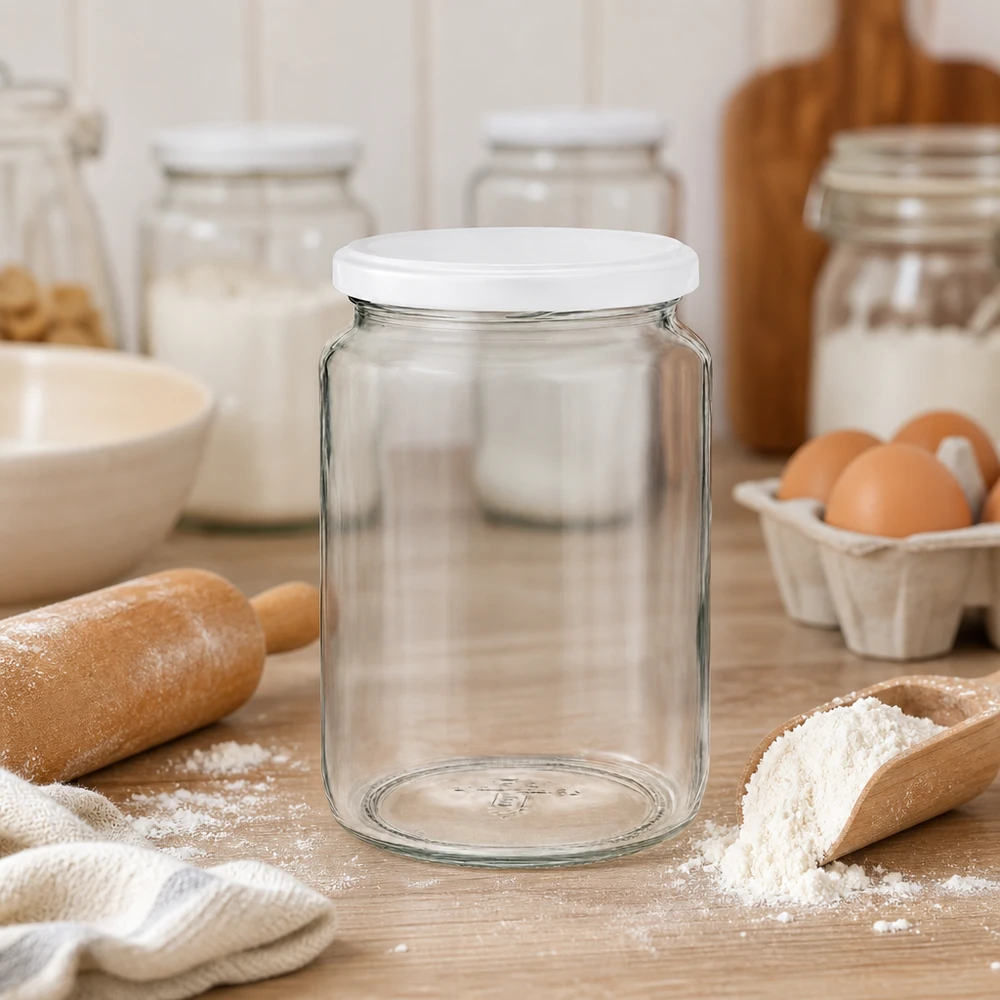 Tarro redondo UNiTWIST de 795 ml en escena de cocina con ingredientes de repostería muestra su uso versátil como tarro de almacenamiento de harina