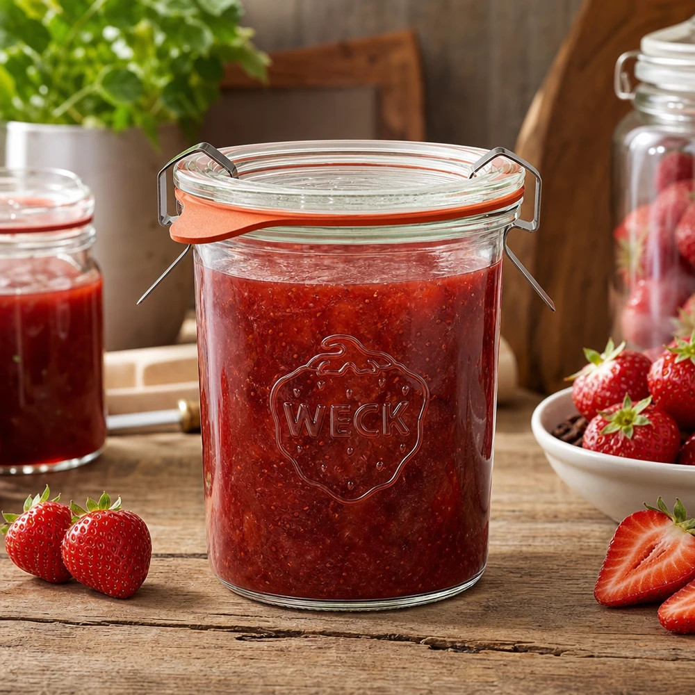 Tarro de conserva WECK de 160 ml lleno de mermelada de fresa sobre mesa de madera con fresas frescas y ambiente de cocina