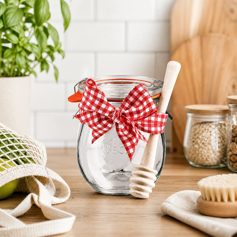 WECK mini tarro tulipán 220ml en cocina sostenible con cuchara de miel de madera, lazo rojo y blanco y accesorios ecológicos
