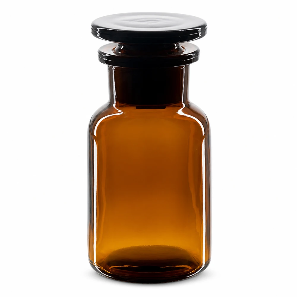 Botella de hombro redondo 100ml marrón cuello ancho tapón de vidrio Botella marrón de hombros redondeados de 100 ml con tapón de cristal y cuello ancho, para laboratorio y farmacia