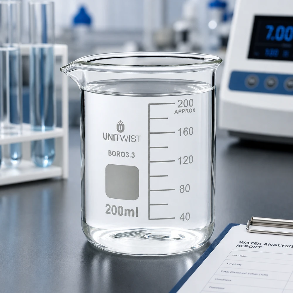 Vaso 200 ml borosilicato, molde bajo UNiTWIST Vaso de cristal transparente de 200 ml de borosilicato 3.3 de UNiTWIST, junto al informe de análisis del agua realizado en el laboratorio de ensayos