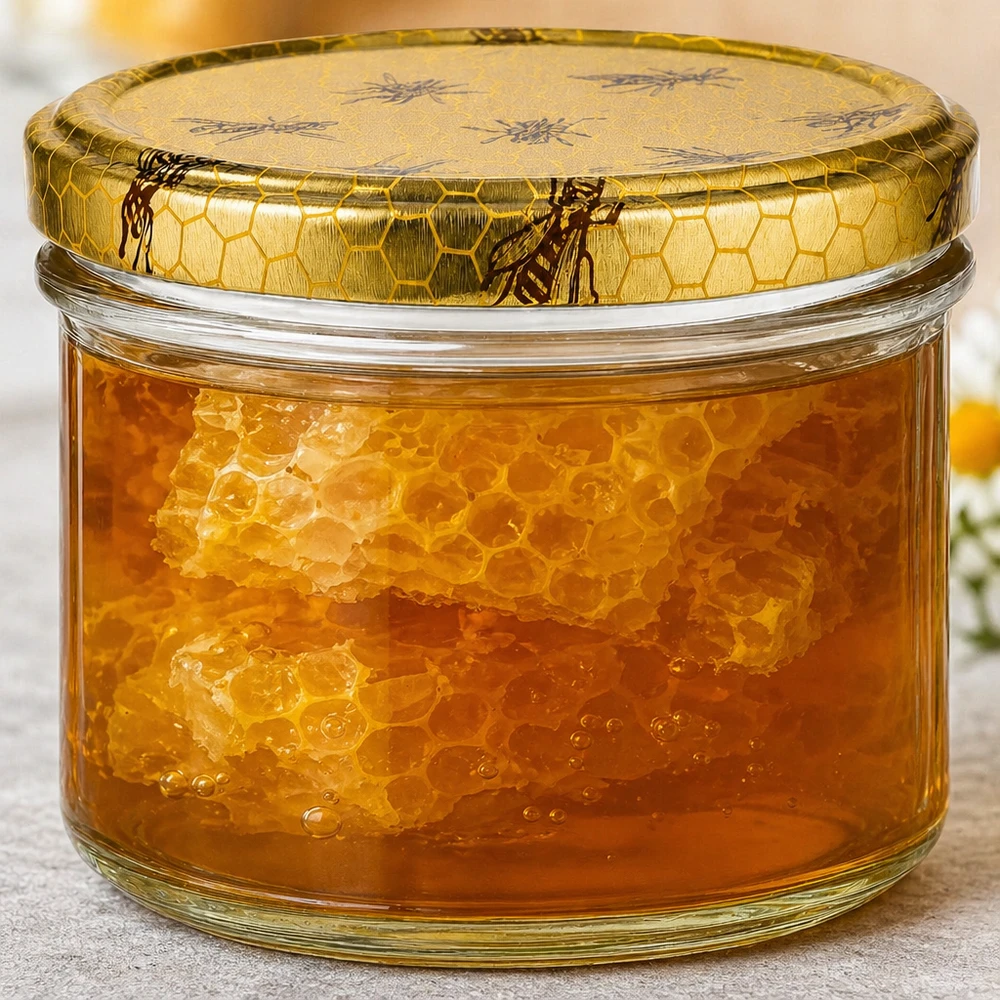 Tarro para miel de 250 g con tapa con diseño de panal BasicSeal UNiTWIST 250g Honigglas gefüllt mit echter Bienenwabe im goldenen Honig zeigt natürliche Qualität und authentische Imkereiprodukt