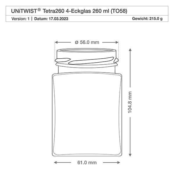 Tarro tetra de 260ml sin tapa (TO58) UNiTWIST UNiTWIST Tetra260 Vaso de 4 esquinas 260ml TO58 dibujo técnico con dimensiones 56mm diámetro 104.8mm altura peso 215g