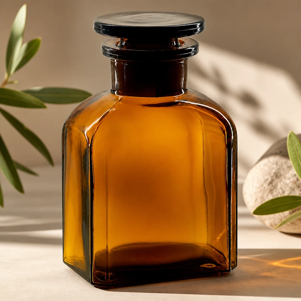 Frasco opaco de 150 ml, de forma cuadrada, con boca ancha y tapón de vidrio ámbar para productos químicos de laboratorio