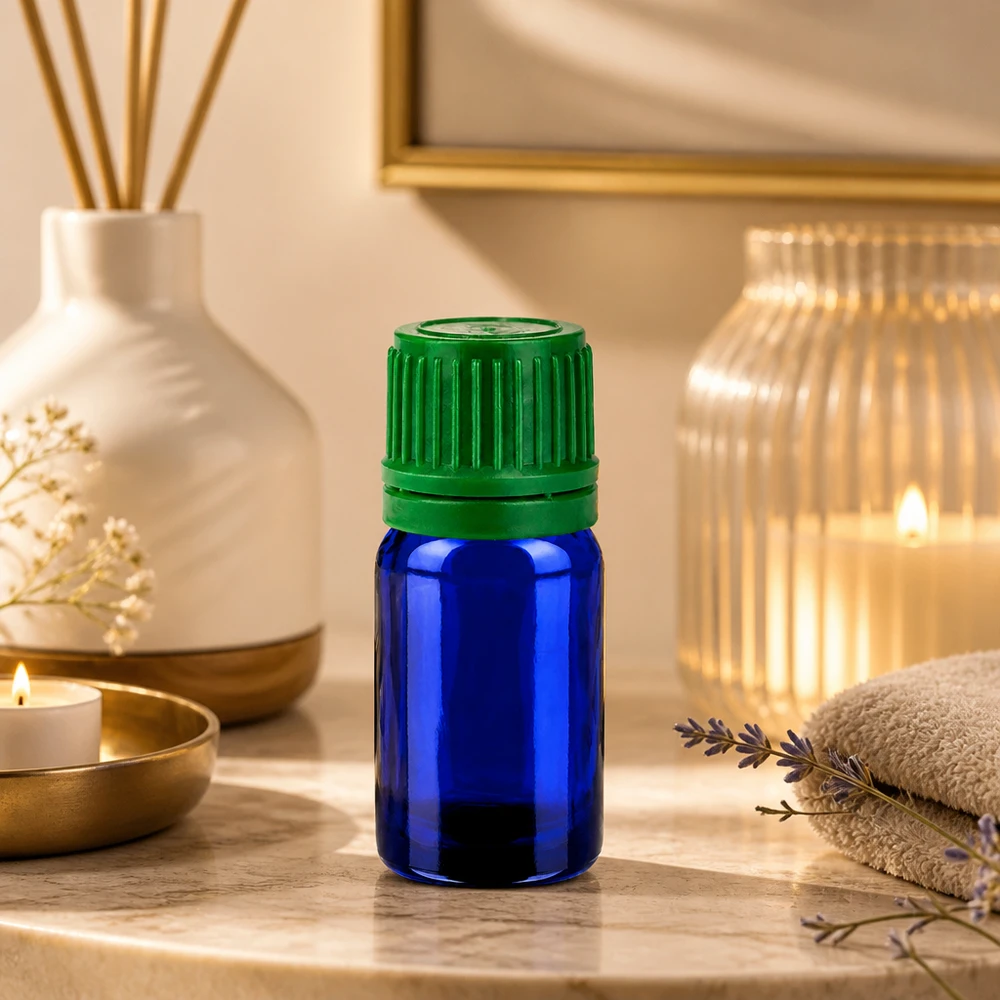 Frasco compacto de vidrio de 5 ml en azul cobalto con práctico tapón de rosca para uso móvil