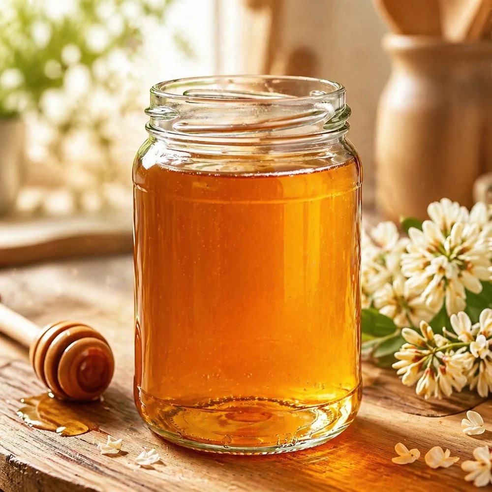 Tarro de cristal redondo de 305ml sin tapa (TO63) UNiTWIST UNiTWIST Runda305 tarro redondo 305ml TO63 lleno de miel sobre mesa de madera junto a cuchara de miel y flores blancas