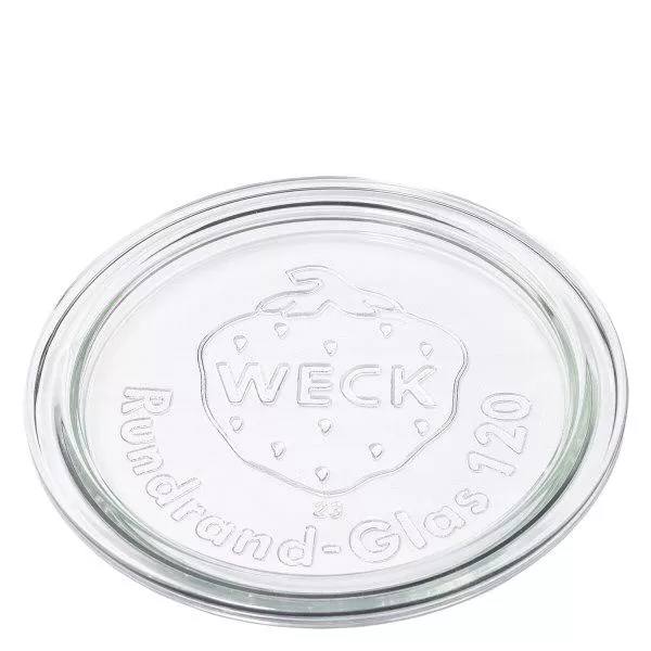 Tapa de cristal WECK RR120 Tapa de vidrio WECK RR120 de vidrio transparente con logotipo WECK en relieve y borde redondo inscripción vidrio 120