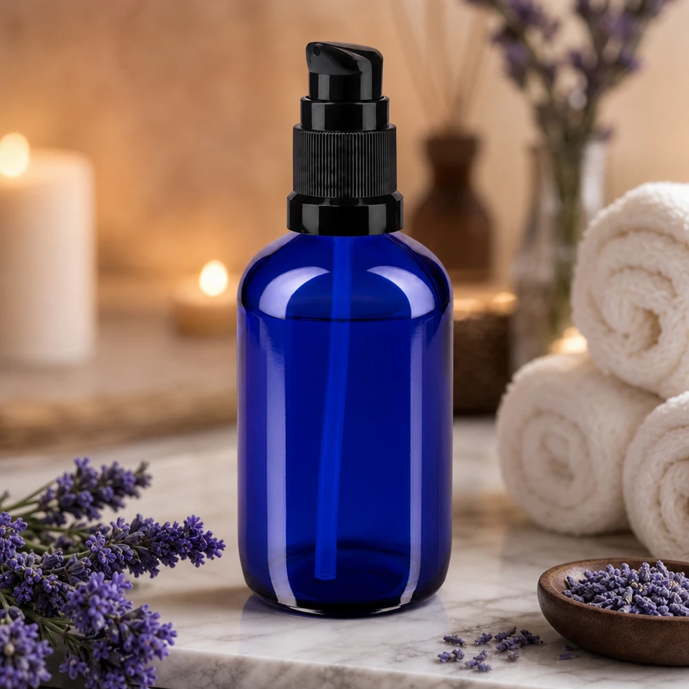 Frasco dosificador de 100 ml de color azul cobalto, fabricado en vidrio de farmacia, con dosificador negro sobre fondo de mármol