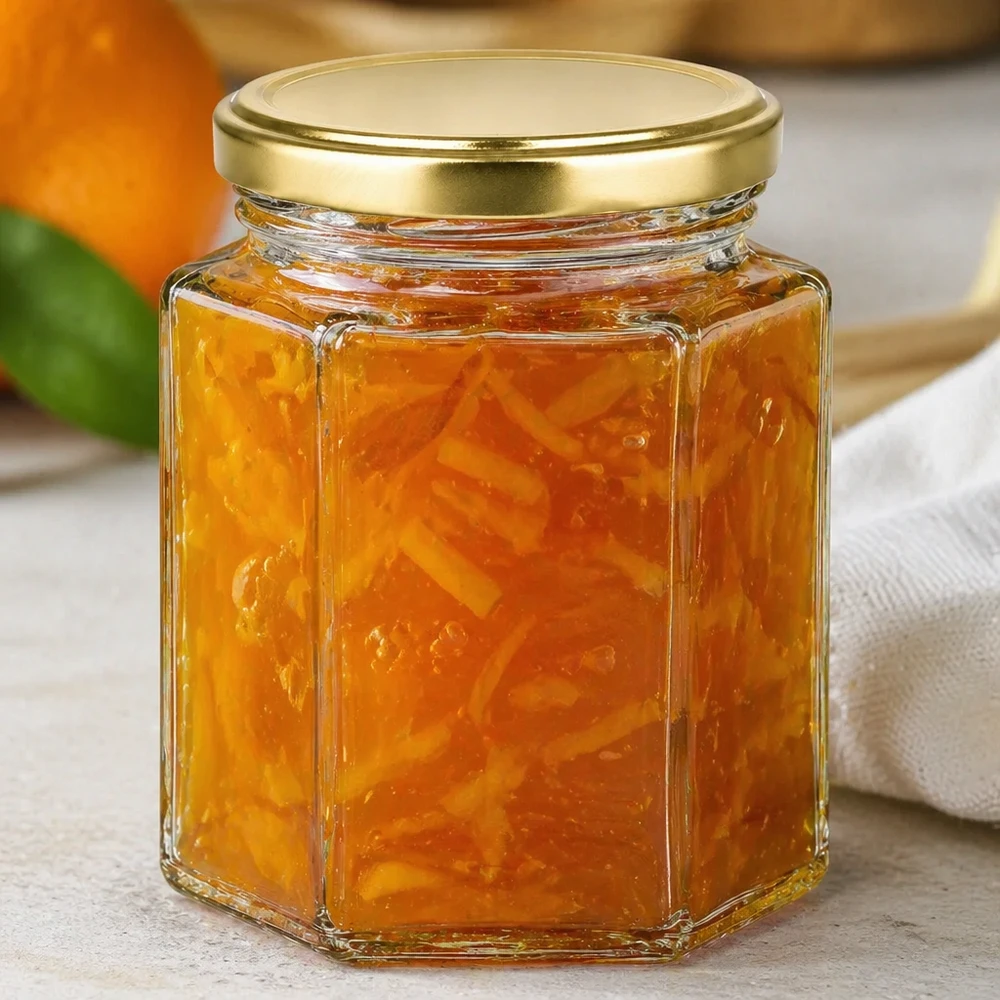 Tarro de miel BasicSeal de 250 g lleno de mermelada de naranja tapa dorada sobre superficie blanca almacenamiento de mermelada