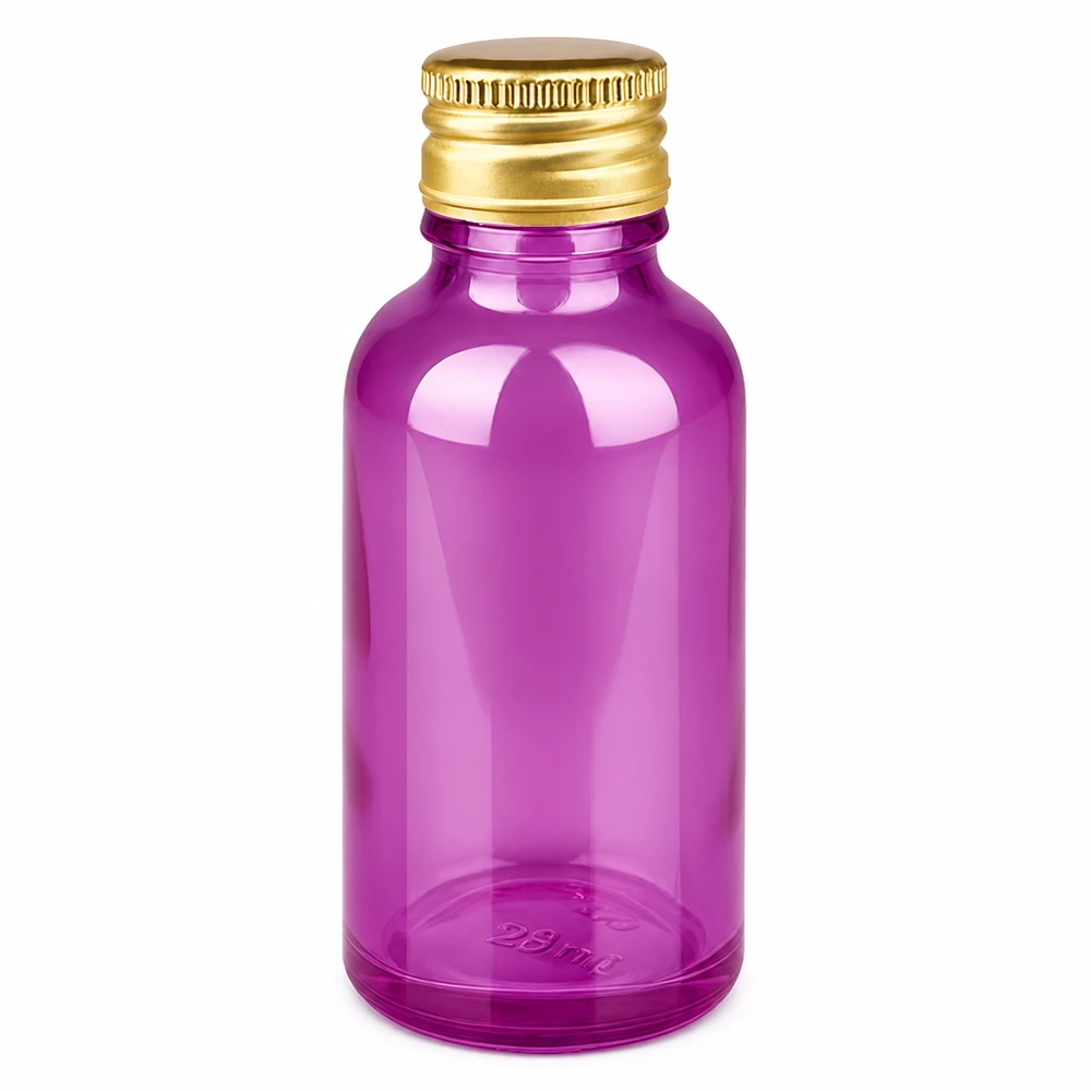 Frasco de 30 ml de color morado brillante con tapón de aluminio dorado para cosméticos y productos farmacéuticos
