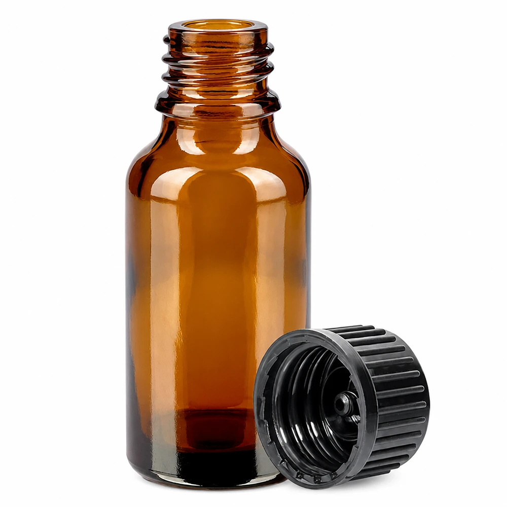 Frasco pequeño de vidrio ámbar de 20 ml con tapón negro estriado para medicamentos y gotas