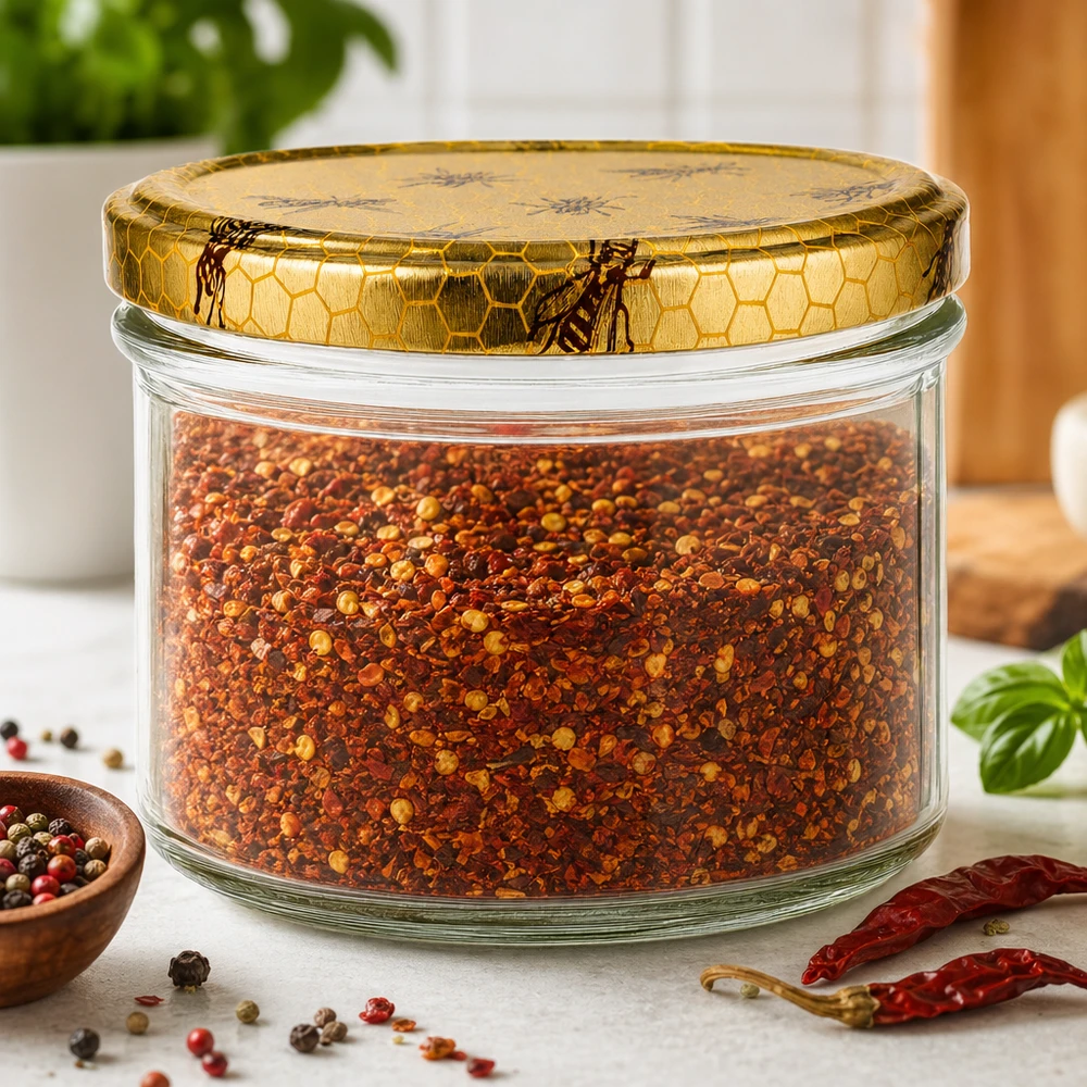 Tarro para miel de 250 g con tapa con diseño de panal BasicSeal UNiTWIST Tarro de miel de 250 g con tapa de panal relleno de especias junto con granos de pimienta y guindillas secas