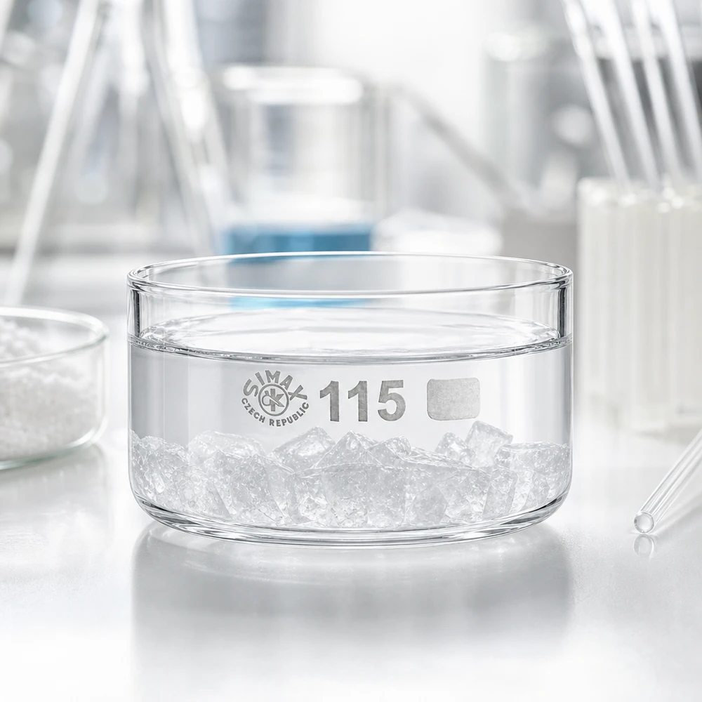 Recipiente de cristalización SIMAX de 500 ml de vidrio borosilicato, lleno de cubitos de hielo en el laboratorio