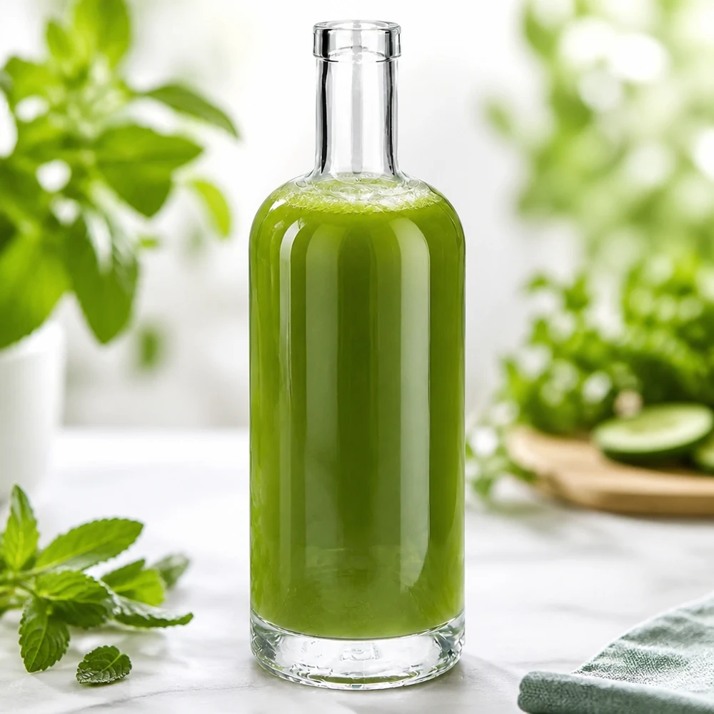 Botella de vidrio de 750 ml «Emma» sin tapón UNiTWIST® Botella de cristal Emma de 750 ml llena de contenido verde en un entorno natural decorado con menta y plantas