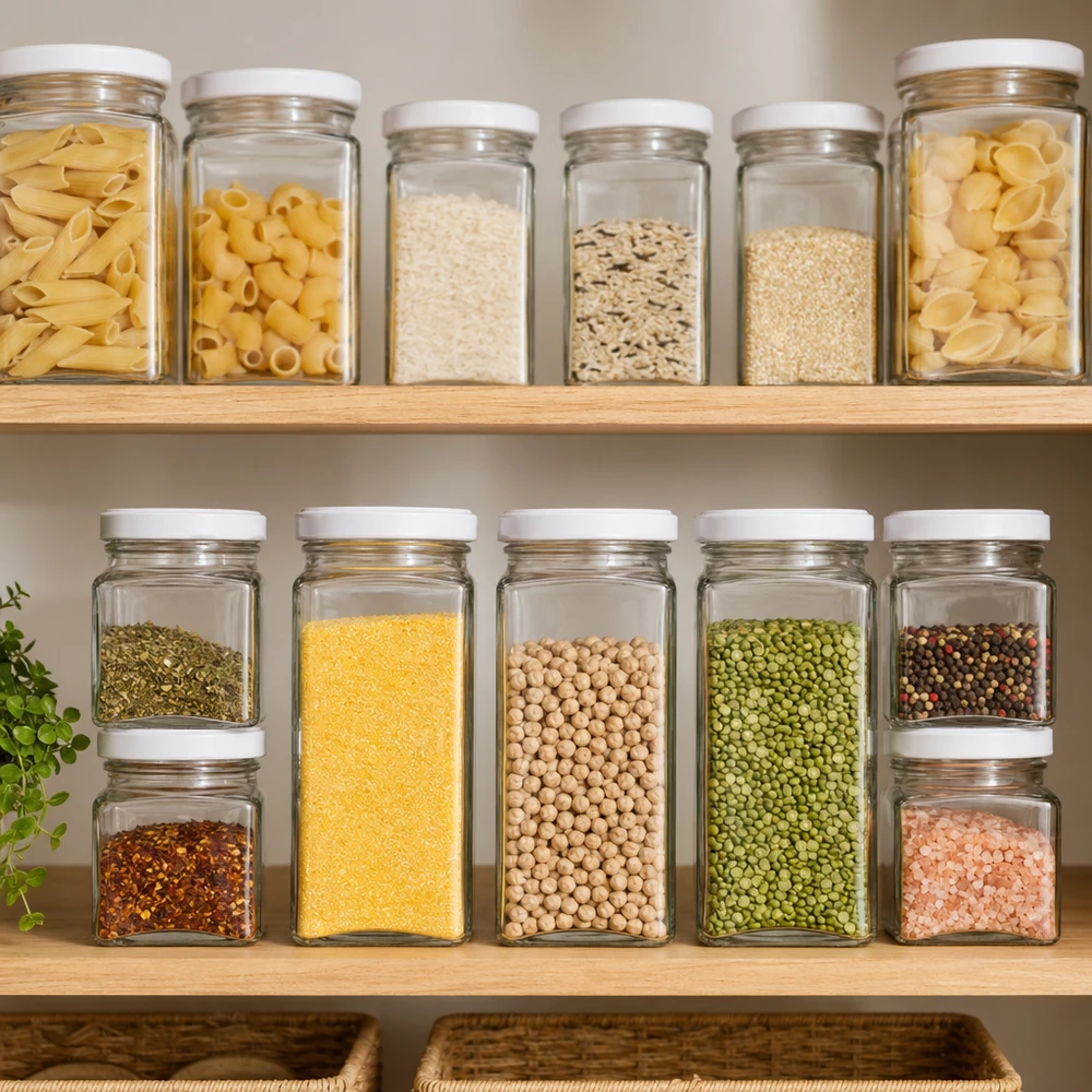 Tarros tetra de 260 ml con tapa blanca llenos de pasta, arroz, cereales y legumbres en una despensa organizada