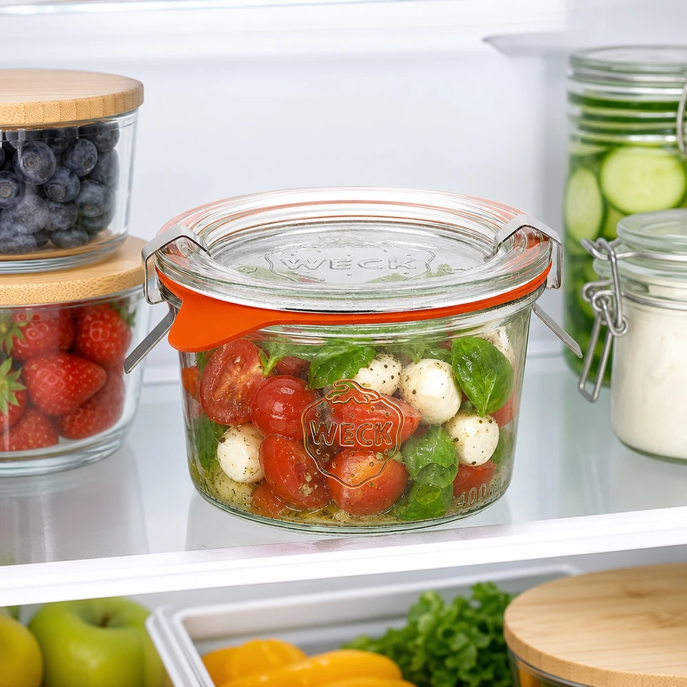 WECK 200ml RR80 mason jar en la nevera lleno de ensalada Caprese junto a otros tarros de almacenamiento con bayas