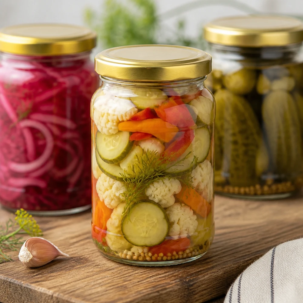 Tarro redondo de 305 ml UNiTWIST con verduras encurtidas - tarro de conserva con tapa dorada para encurtidos y conservas