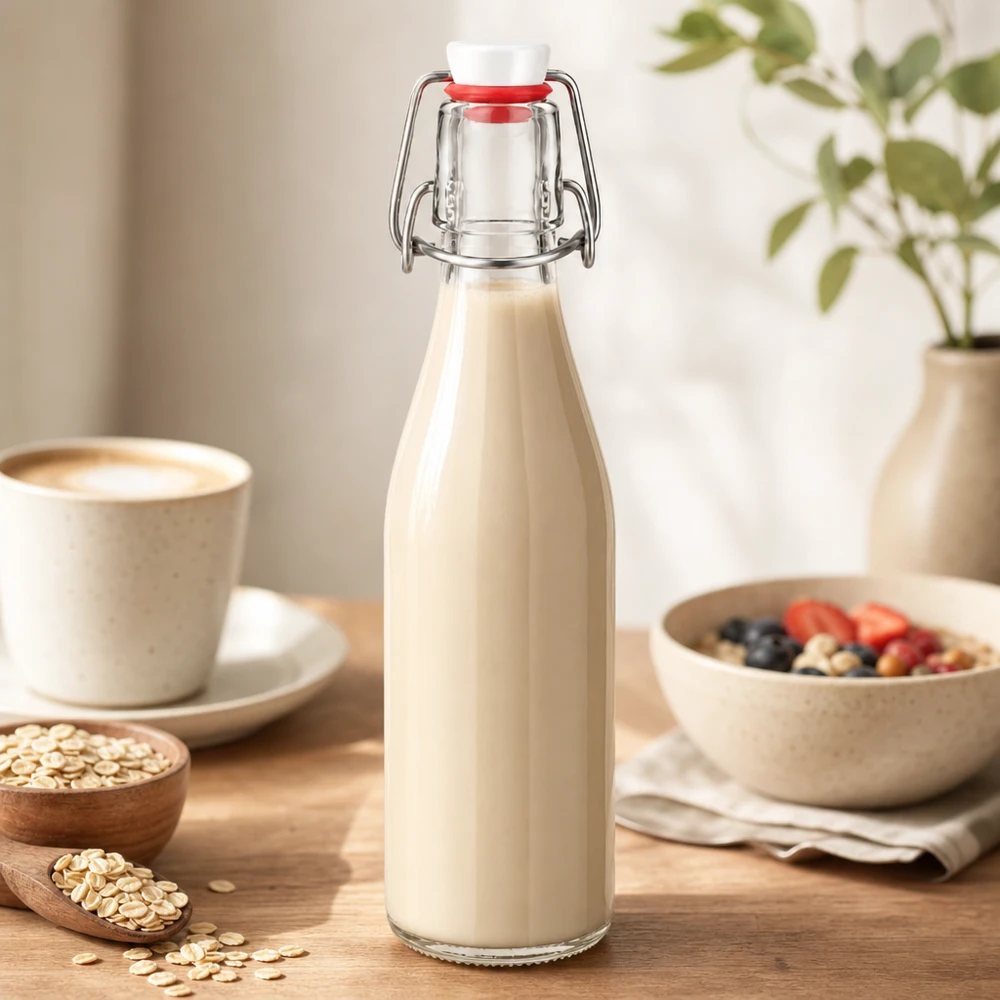 Botella de vidrio de 250 ml + tapa abatible de PVC UNiTWIST 250ml Glasflasche mit Bügelverschluss gefüllt mit cremiger Hafermilch, perfekt für gesunde Ernährung und Frühstück