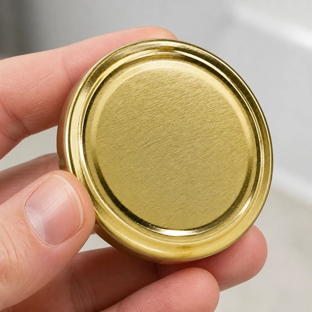 Tapa BasicSeal de 58 mm, color dorado, TO58 UniTwist. Primer plano de la superficie metálica brillante