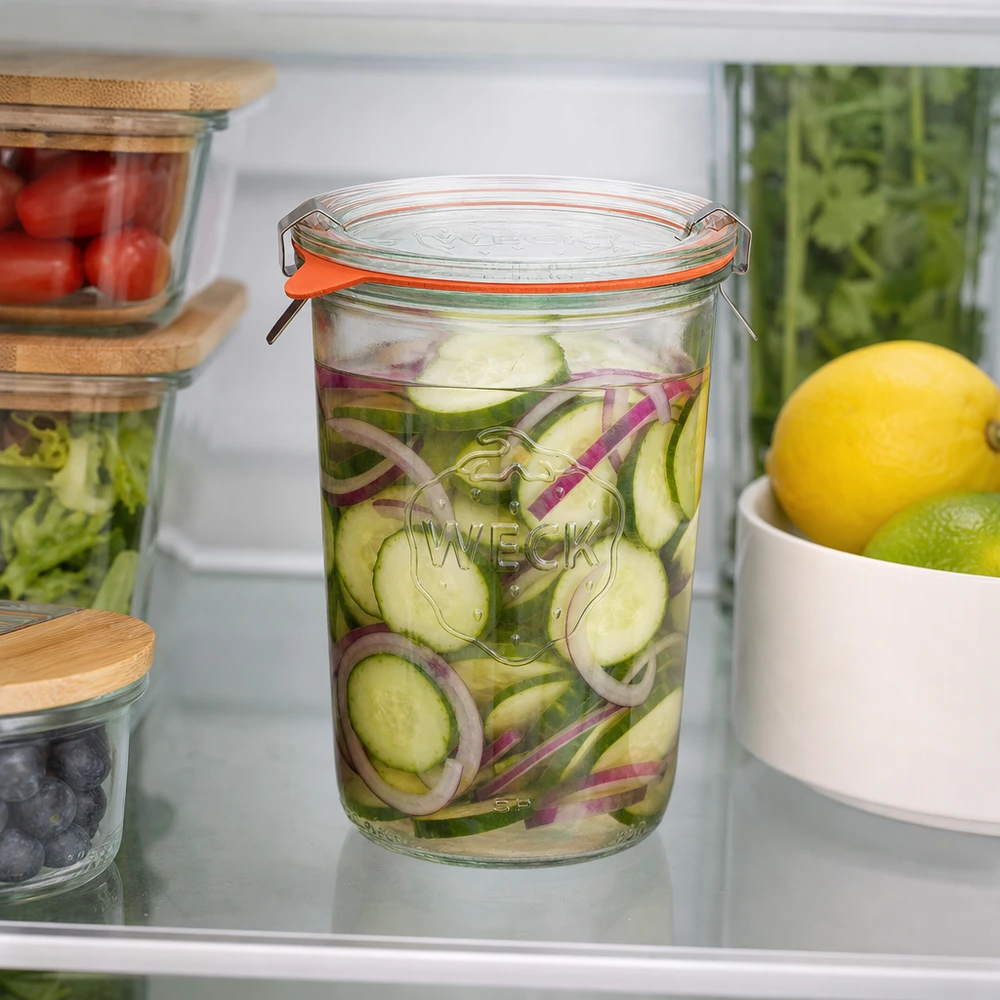 Vaso de 850ml completo WECK RR100 Vaso WECK RR100 850ml en la nevera con pepinillos y cebollas en vinagre para una frescura óptima de los alimentos
