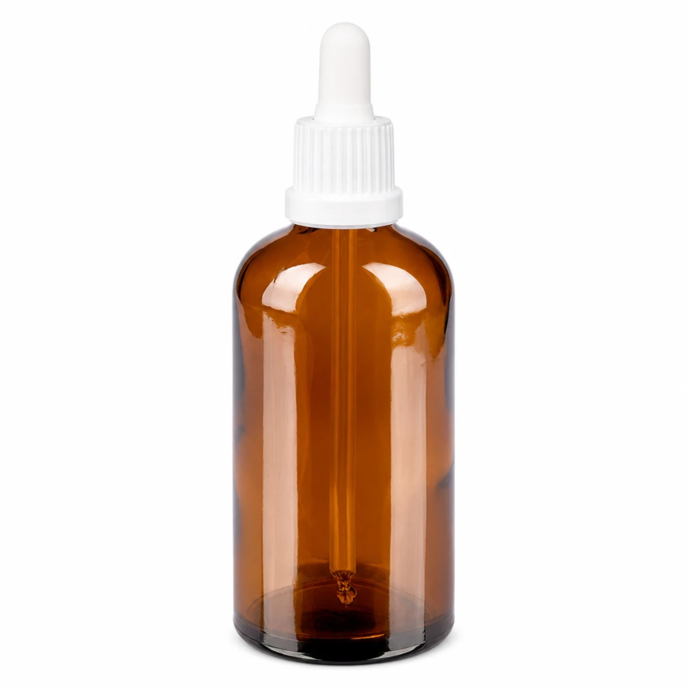 Frasco pipeta 100ml cierre inviolable blanco BrownLine UT18/100 Frasco pipeta de 100 ml de vidrio ámbar con tapón cuentagotas blanco para una dosificación precisa
