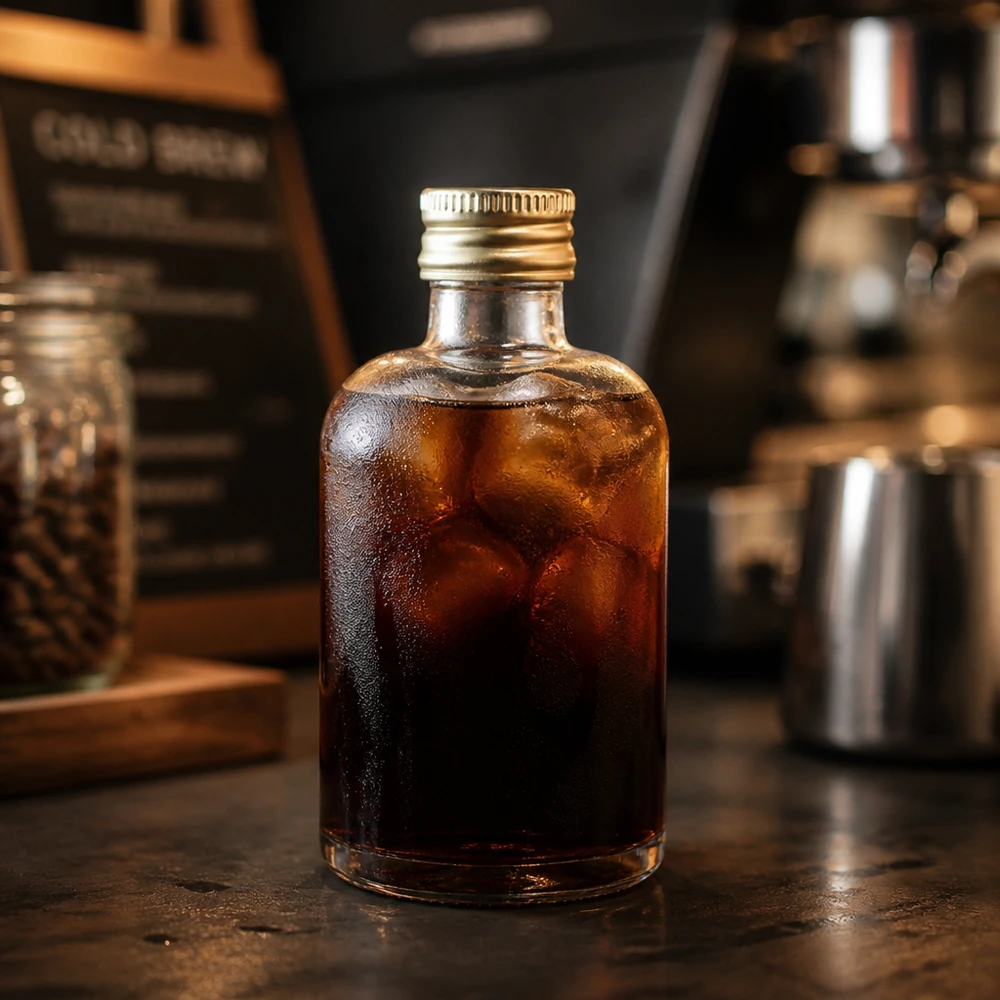 Botella de vidrio de 40 ml «Sara» con tapón de rosca dorado UNiTWIST® 40ml Glasflasche Sara mit Cold Brew Kaffee gefüllt - goldener UNiTWIST Verschluss in stylischer Barista-Küche