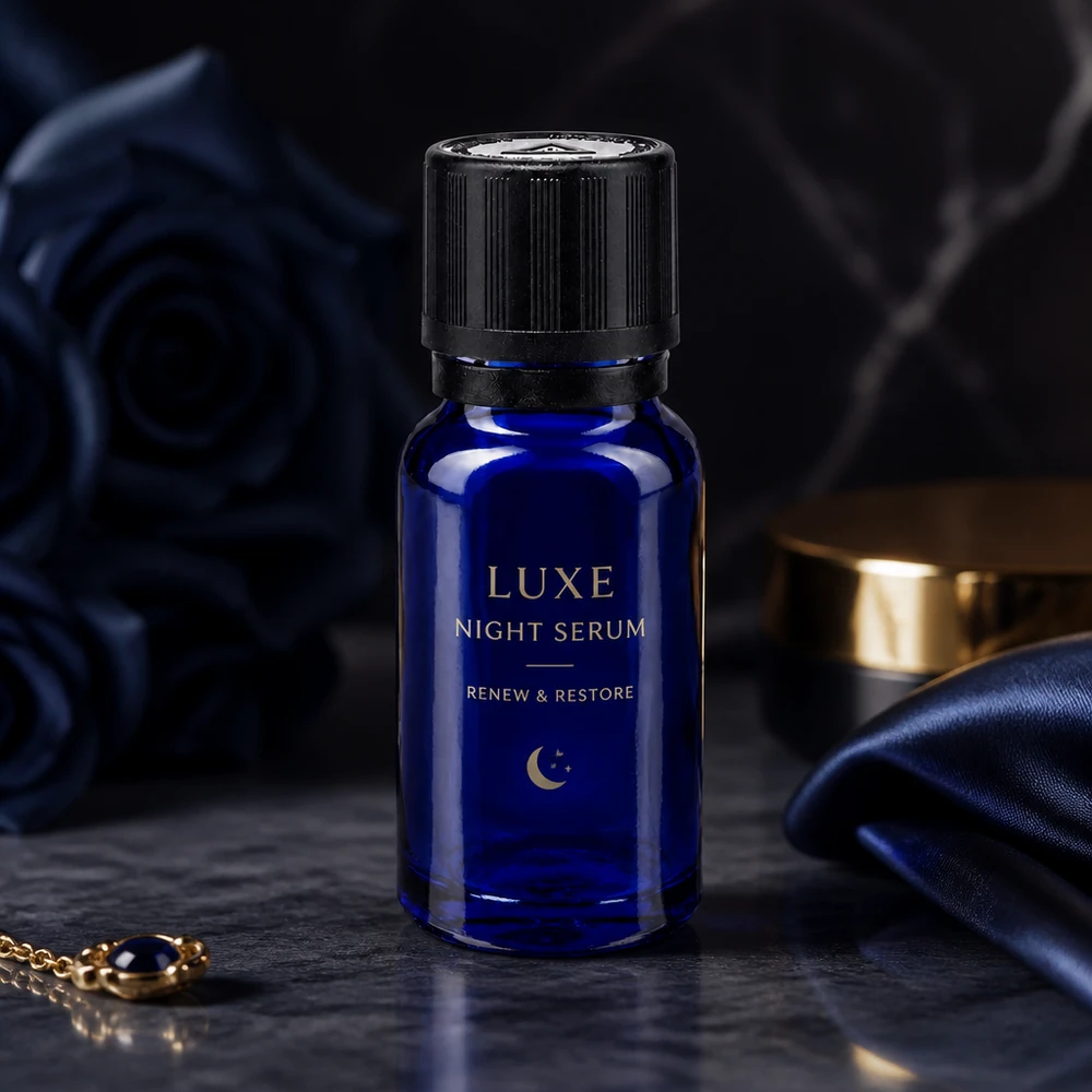 Sérum de noche de lujo en un frasco de farmacia azul cobalto de 10 ml con tapón cuentagotas negro, en un ambiente nocturno