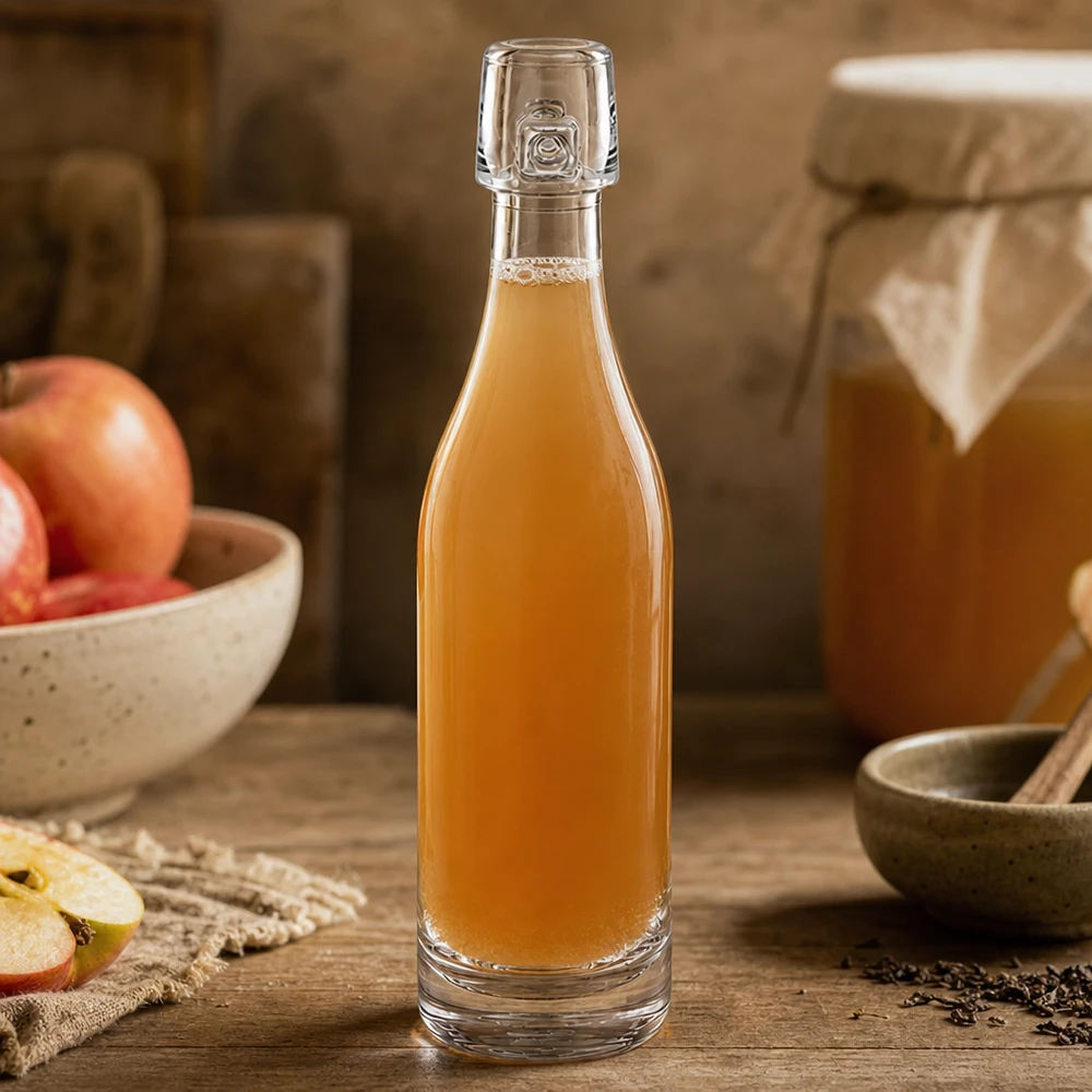 Botella de cristal de 50 ml UNiTWIST rellena de licor de manzana entre rodajas de manzana y especias sobre madera natural