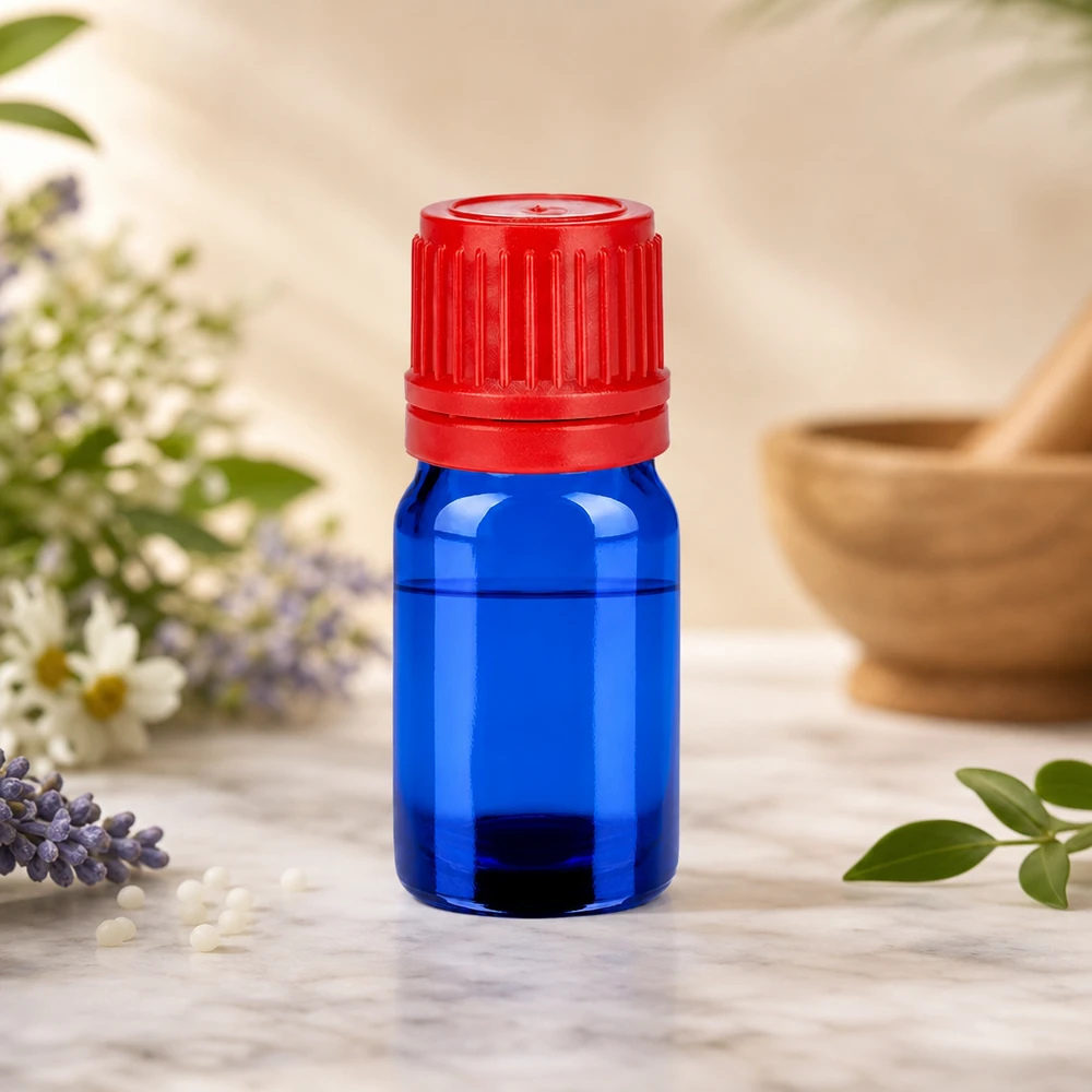 Frasco de 5 ml con tapón de rosca de 11 mm rojo con precinto de seguridad BlueLine UT18/5 Frasco cuentagotas de 5 ml azul con tapón rojo a prueba de niños para un almacenamiento seguro BlueLine UT18/5