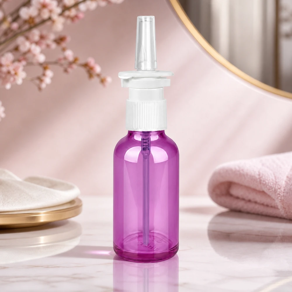 Pulverizador nasal de 30 ml de alta calidad con un mecanismo de pulverización preciso y un elegante diseño morado