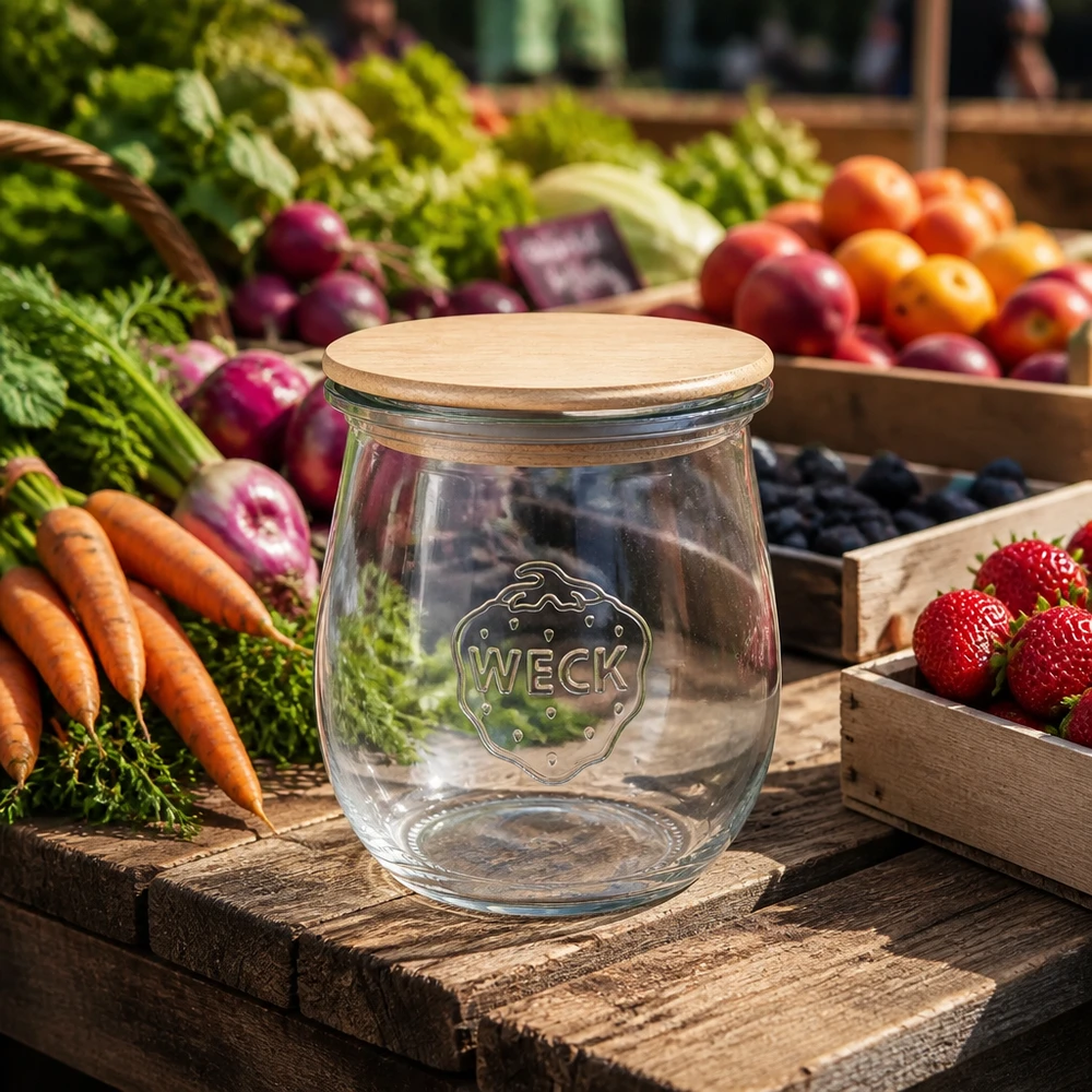 WECK tarro tulipán 220ml RR60 con tapa de bambú sobre tabla de madera entre verduras y frutas frescas del mercado - Tarro de almacenaje sostenible