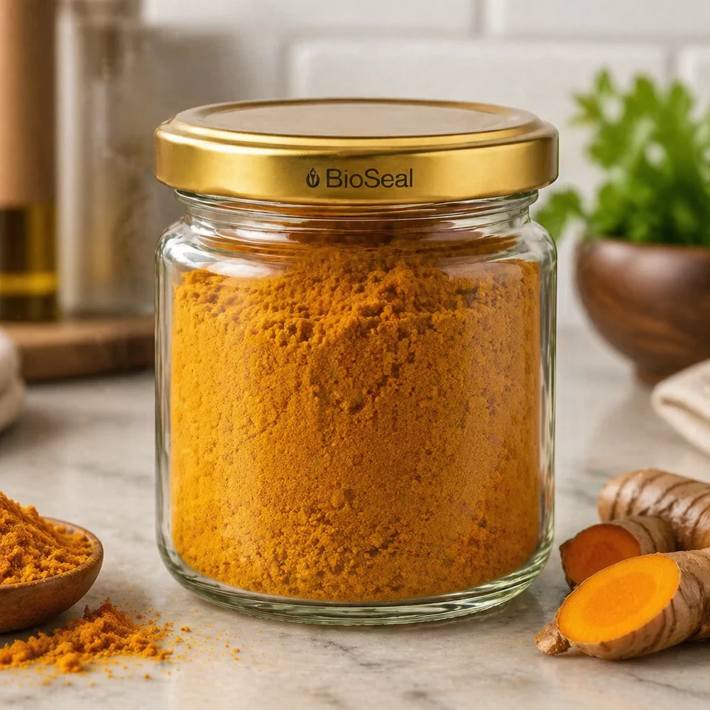 Tarro redondo de 53ml con tapa dorada UNiTWIST BioSeal Tarro UNiTWIST Runda53 lleno de cúrcuma en polvo y tapa dorada TO43 BioSeal en la cocina con cúrcuma fresca