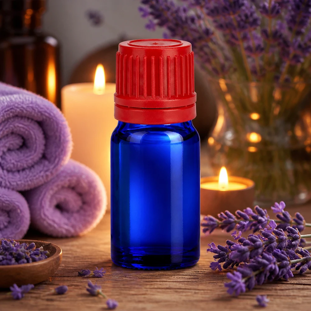 Frasco pequeño de vidrio de 5 ml en azul con tapa roja para aromaterapia BlueLine UT18/5