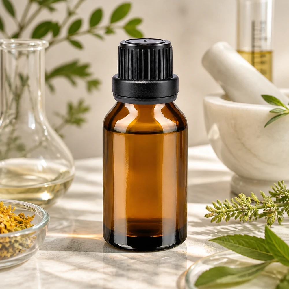 Botella de farmacia marrón 15ml tapón rosca negro inviolable Frasco de farmacia marrón de 15 ml con tapón de rosca negro, entre hierbas frescas y un mortero