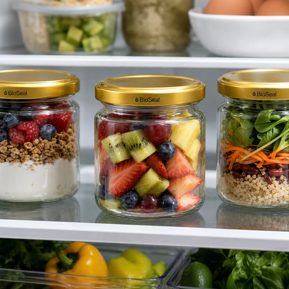 Tarros UNiTWIST Runda53 con tapa dorada TO43 BioSeal en el frigorífico para preparar comidas con fruta y ensalada