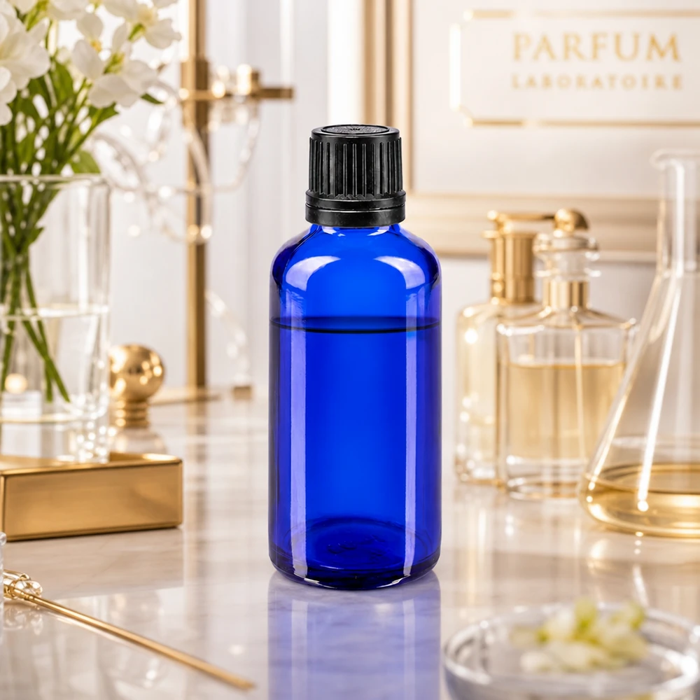 Frasco cuentagotas azul de 50 ml con boquilla de precisión de 1 mm, en un elegante entorno de laboratorio de perfumería