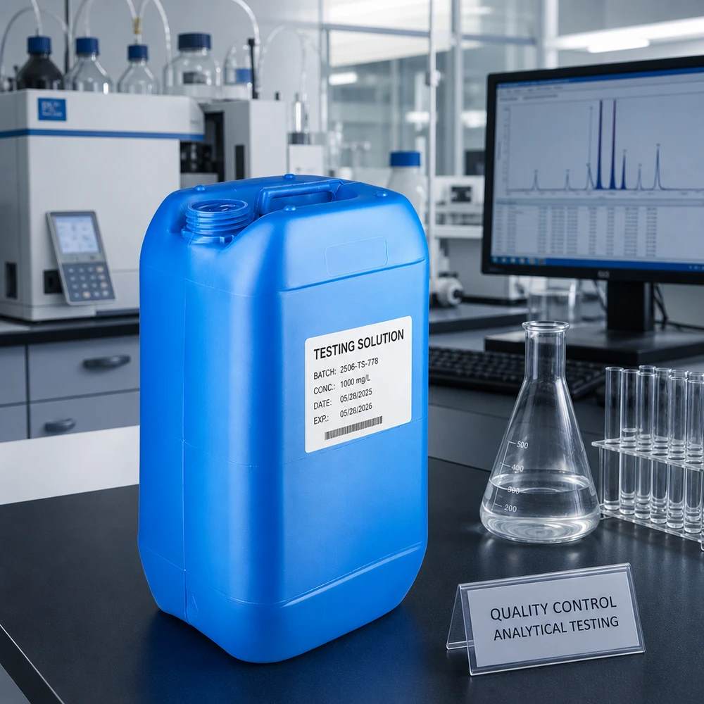 Bidón azul de 15 litros sin tapón en el laboratorio de control de calidad para soluciones de ensayo analítico