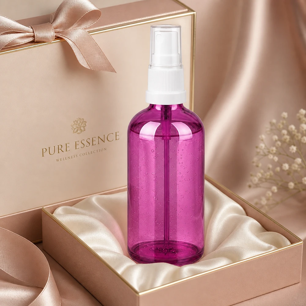 Botella pulverizadora de 100 ml de alta calidad fabricada en plástico transparente de color morado brillante